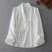 长袖 女斜襟系带茶服薄款 禅修服上衣外套 素衣交领棉麻汉服衬衫 中式
