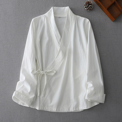 中式素衣交领棉麻汉服衬衫女斜襟系带茶服薄款长袖禅修服上衣外套