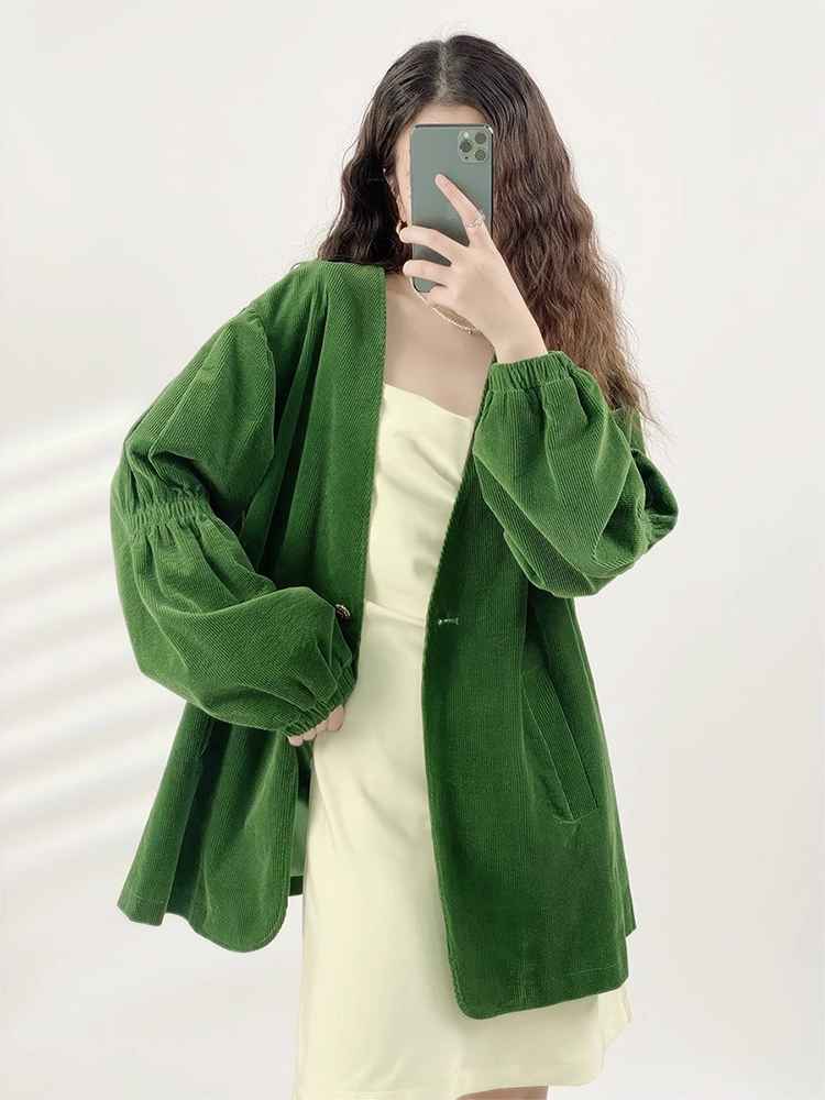 清仓特价~绿色复古灯芯绒短外套女秋季休闲百搭高级感西装上衣冬