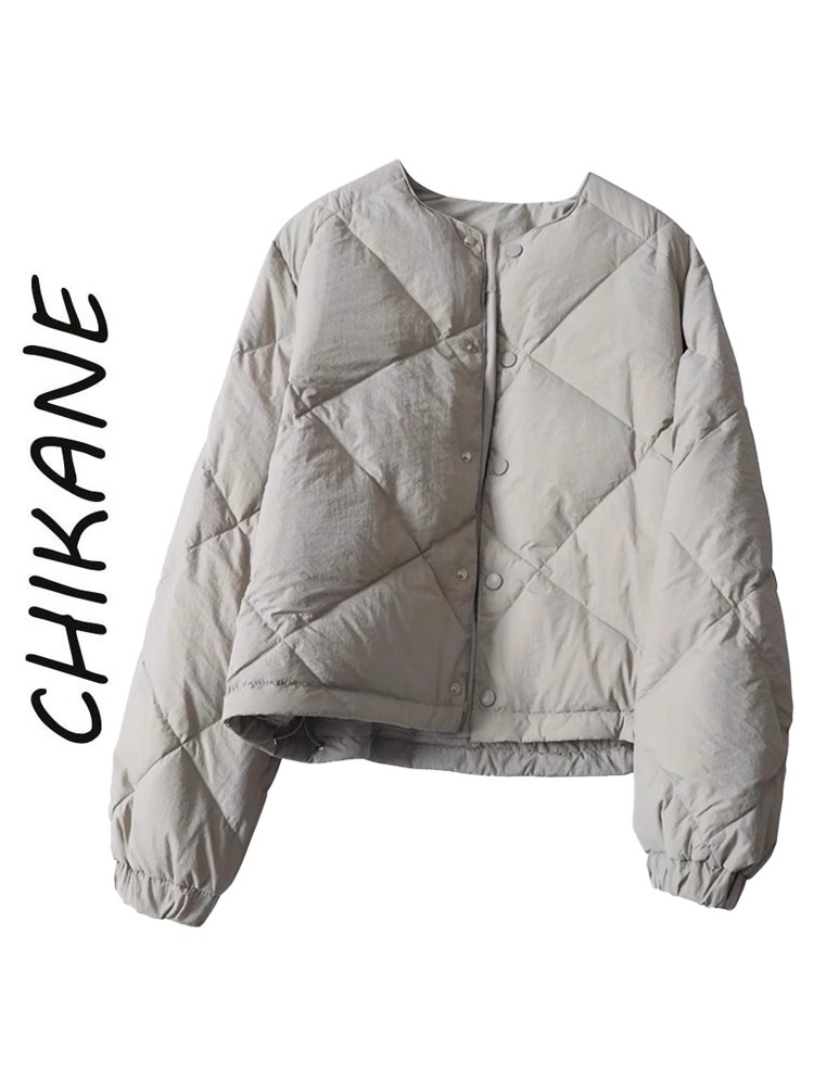 清仓~高级灰日系百搭精致菱格短款羽绒棉服女冬季保暖面包服外套