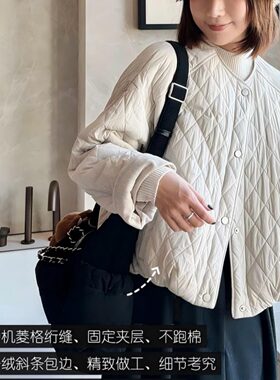 加厚保暖菱格圆领短款棉服女秋冬