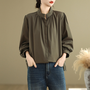 大码文艺妈妈优雅衬衫女长袖春季显瘦复古立领衬衣上衣~外贸清仓