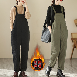 清仓特价~妈妈装保暖吊带哈伦裤宽松连体裤女秋冬夹棉加厚背带裤