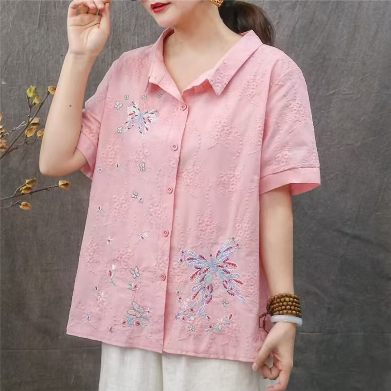 新中式短袖提花小衫女夏季棉麻上衣文艺绣花民族风衬衫~清仓活动