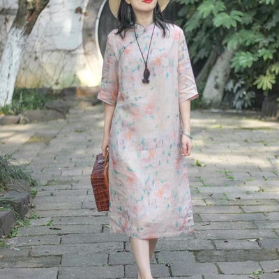 棉麻印花旗袍改良连衣裙女夏季新中式复古中袖文艺裙子~清仓特卖