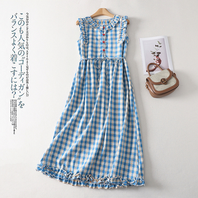 小飞袖格子减龄连衣裙女夏季