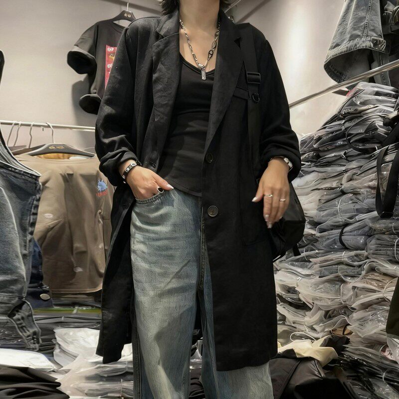 复古黑色亚麻长袖中长款西装外套女2026新款春夏防晒轻薄棉麻上衣