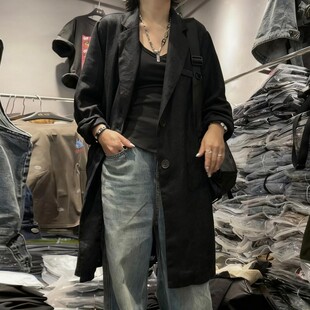 复古黑色亚麻长袖中长款西装外套女2026新款春夏防晒轻薄棉麻上衣