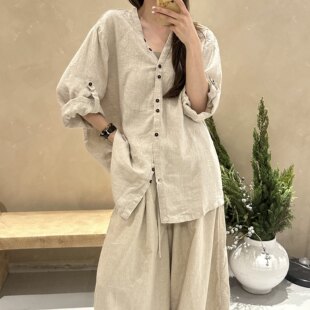 禅意亚麻V领衬衫中式外套女中长款开衫早秋复古慵懒上衣~特卖