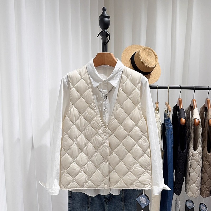 菱格棉马甲女冬季大衣内搭V领保暖贴身内胆轻薄夹棉背心~外贸尾货