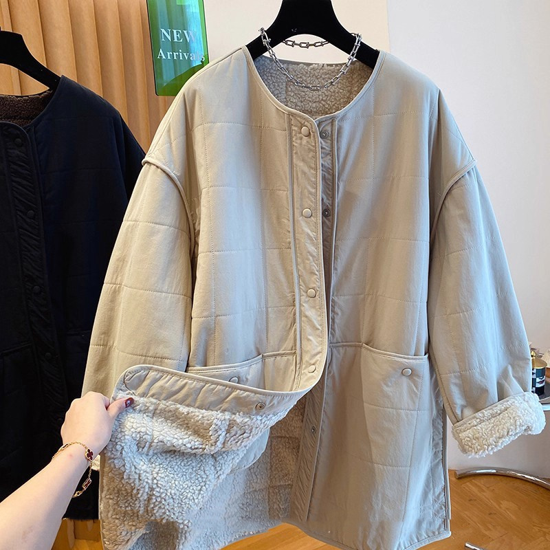羊羔毛内里棉服女士秋冬季中长款宽松加绒夹棉棉衣外套~清仓福利