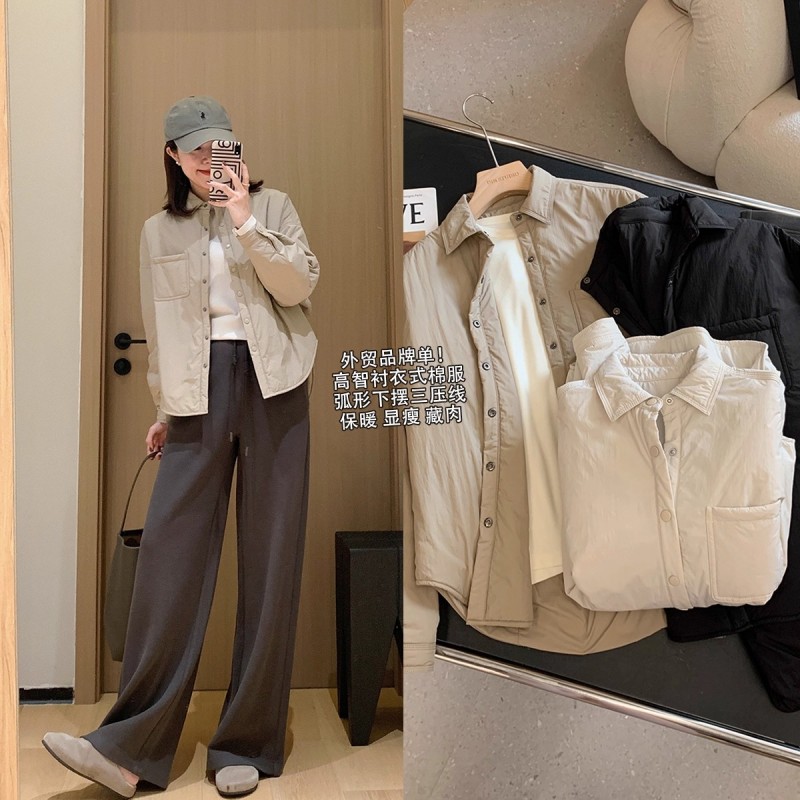 户外休闲轻薄夹棉衬衫棉服女轻暖弧形下摆衬衣式棉袄外套大衣内胆