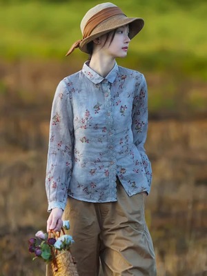 清仓特价~亚麻印花显瘦日系上衣小众气质衬衫春秋季女小翻领衬衣