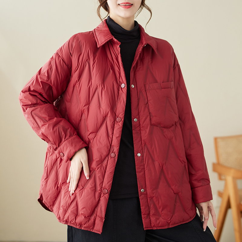 清仓折扣~秋冬新款衬衫领羽绒服宽松显瘦加厚款上衣女士红色外套