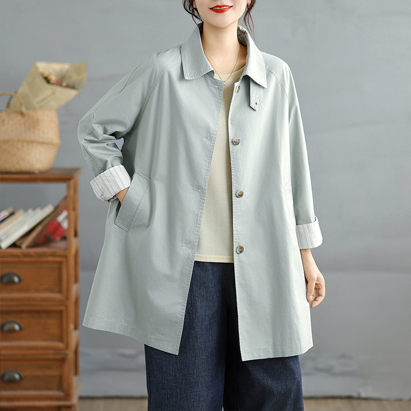 秋季新款简约气质妈妈单排扣翻领中长款风衣女大码外套~清仓折扣