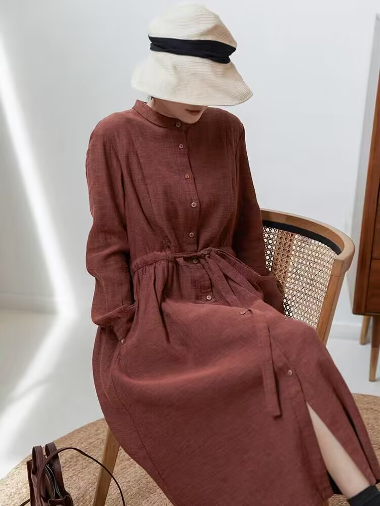 清仓捡漏~空气色织棉 复古气质连衣裙宽松中长款裙子女装春秋新款