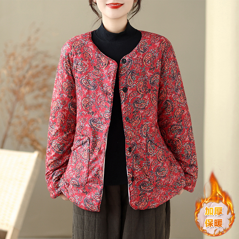 妈妈冬季加绒加厚碎花棉袄夹棉棉衣复古风保暖棉服外套~清仓女装