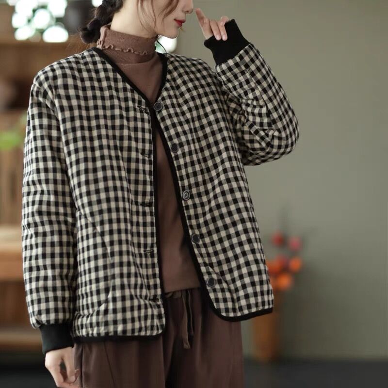 时尚复古格子加厚棉衣夹棉外套女