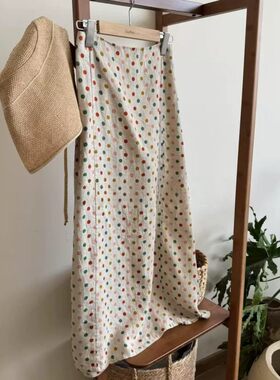日系韩版彩色波点洗水棉半身裙女夏季休闲高腰显瘦直筒裙子中长款