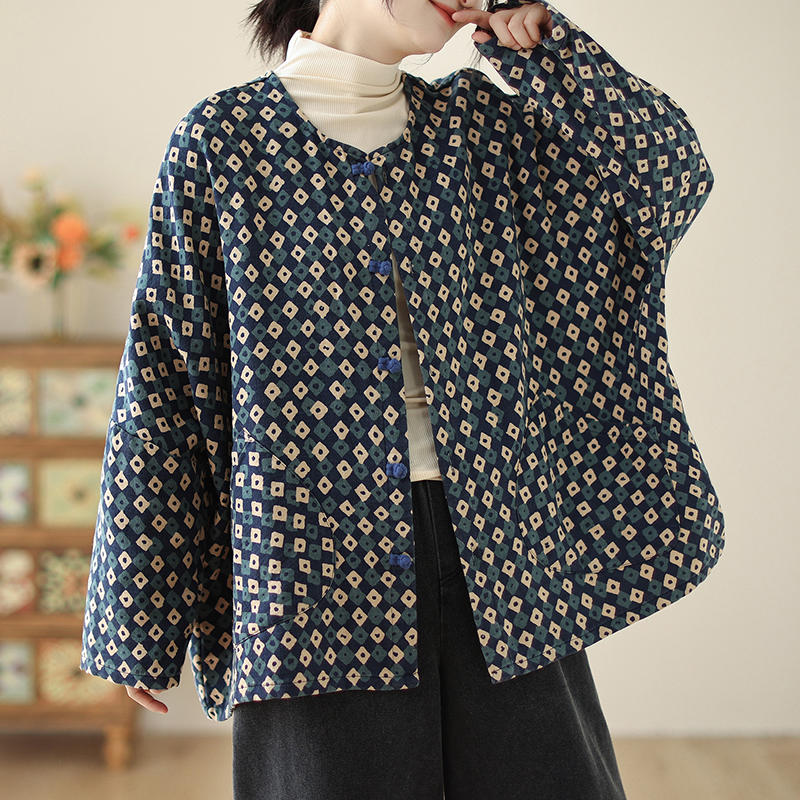 棉麻复古印花圆领宽松长袖盘扣上衣女秋季新款开衫外套~清仓外单