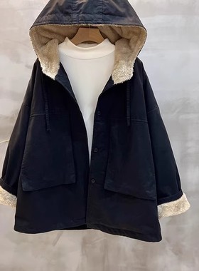 北方零下摄氏度加绒加厚复古工装外套女秋冬季保暖长毛绒连帽外衣