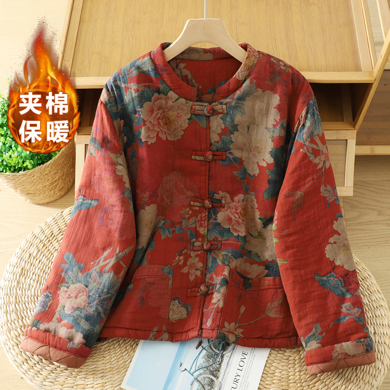 中国风复古中年妈妈印花加厚棉衣外套冬款保暖立领棉服~清仓捡漏