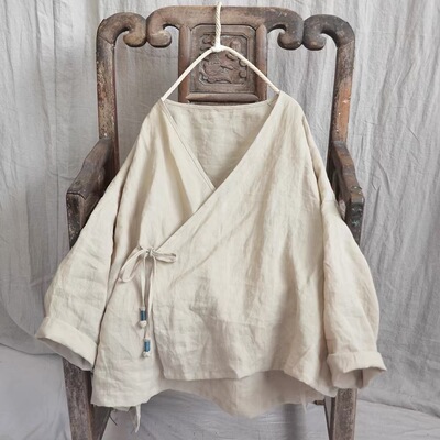 捡漏~文艺复古禅茶服长袖苎麻斜襟系带开衫宽松棉麻上衣薄外套女