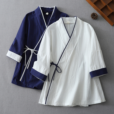 改良汉服女系带棉麻衬衫斜襟上衣
