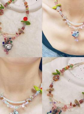 DIY原创捷克琉璃锁骨链项链女春天双面渐变小鸟米珠花朵配饰