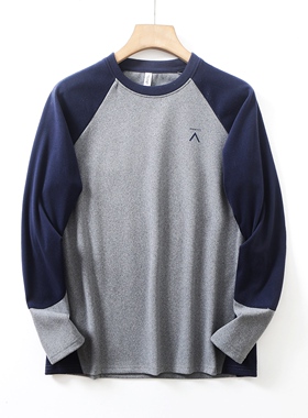 日单秋冬男士户外运动休闲圆领双面绒长袖T恤拼色插肩袖打底衫