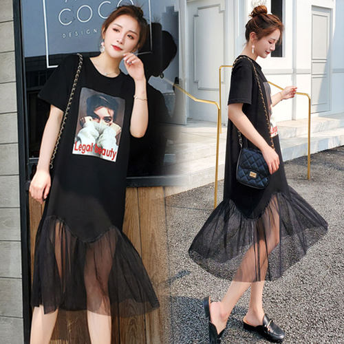 深依度2023夏装新款大码女装夏季中长款时尚拼接网纱连衣裙  1931