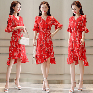 女装 夏季 时尚 S深依度2023夏装 V领连衣裙 大码 优雅短袖 6122 新款