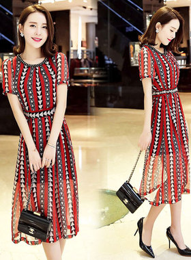 深依度2023春装新款女装春夏装夏季韩版条纹雪纺连衣裙  16319