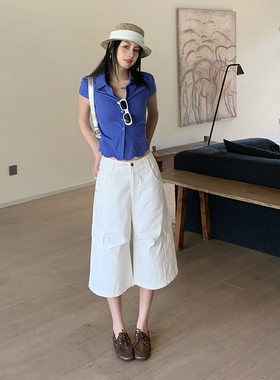 美式白色阔腿工装七分裤女2026夏季新款高腰宽松显瘦多口袋休闲裤