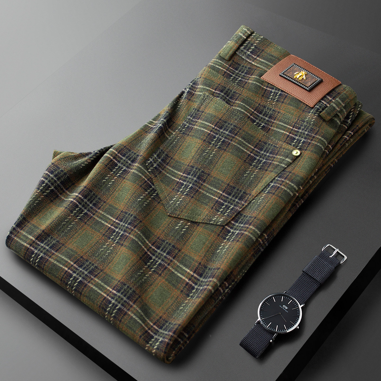 轻奢风秋冬季保暖磨毛尼休闲格子裤男修身小直筒英伦格纹西裤男士