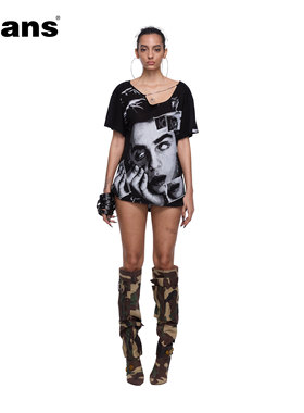 24ans【李泳知同款】含天丝人头印花大露背链条宽松短袖T恤