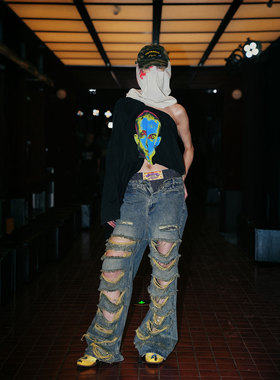 24ans 【宁艺卓何浩楠同款】复古水洗做旧破洞垂感牛仔裤阔腿裤