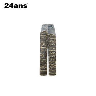 24ANS LTD 朋克grunge牛仔⑴迷彩面料拼接⑵破坏毛须边⑶酵素精洗