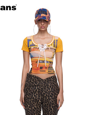 24ans【张紫宁同款】拼接假两件复古印花赛车短袖T恤