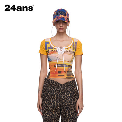 24ans【张紫宁同款】拼接假两件复古印花赛车短袖T恤