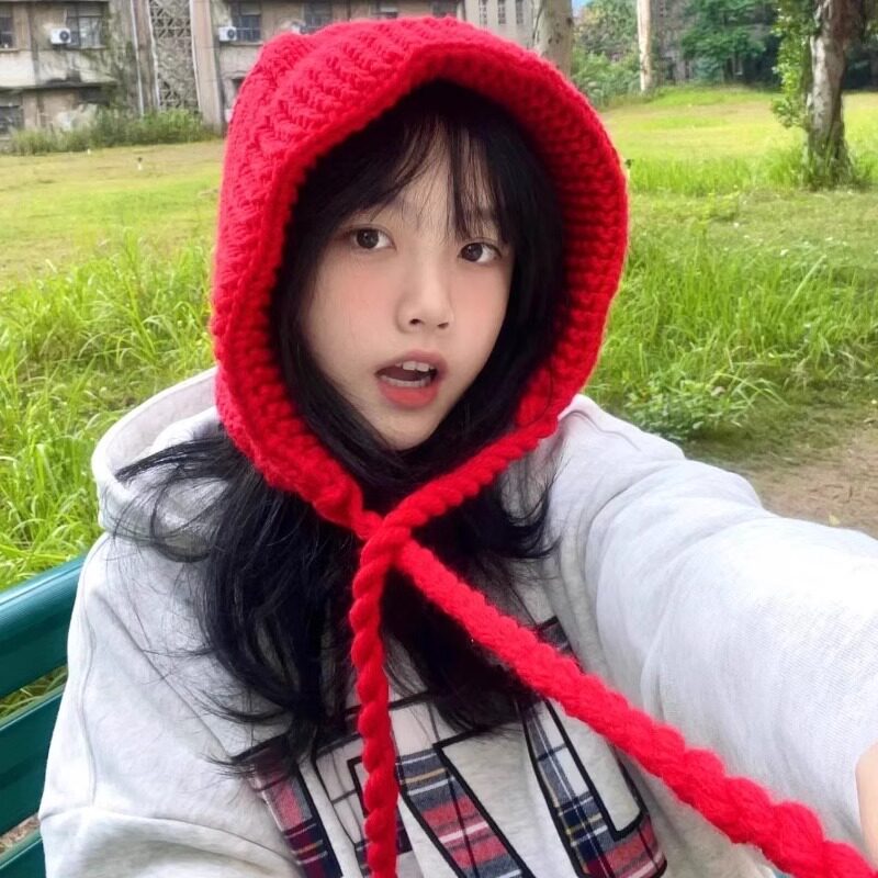甜美可爱小红帽女秋冬季针织毛线系带护耳帽韩版保暖百搭红色帽子