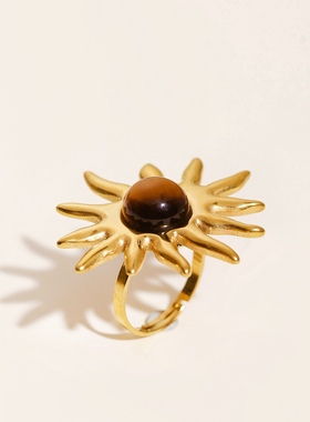 潘神斯欧秋冬新品虎眼石太阳戒指可调节夸张大个性