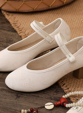 复古高跟鞋旗袍工作鞋民族风北京粗跟布鞋女夏新款茶艺中式民国风