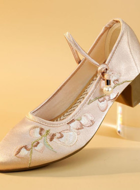 缎面布鞋绣花鞋女中跟新款民族古风搭旗袍马面裙汉服中式尖头单鞋