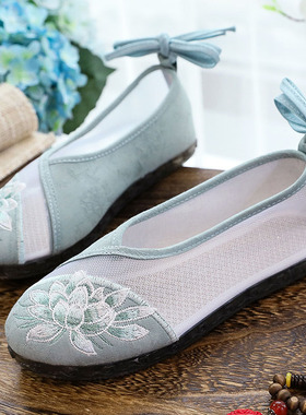 复古中国风北京布鞋民族风绣花鞋女夏季平底平跟网面网纱透气系带