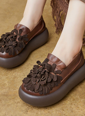 新款民族风真皮手工女鞋花朵复古文艺森系厚底松糕中跟圆头娃娃鞋