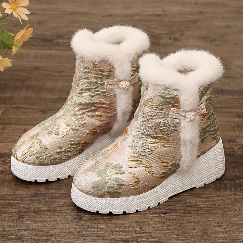 冬季汉服鞋子中国古风棉靴加绒复古民族风短靴女厚底高坡跟裙配子