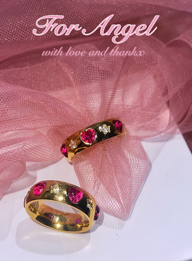 for angel / 自制 质感欧美桃粉色爱心锆石钛钢镀18k金保色戒指
