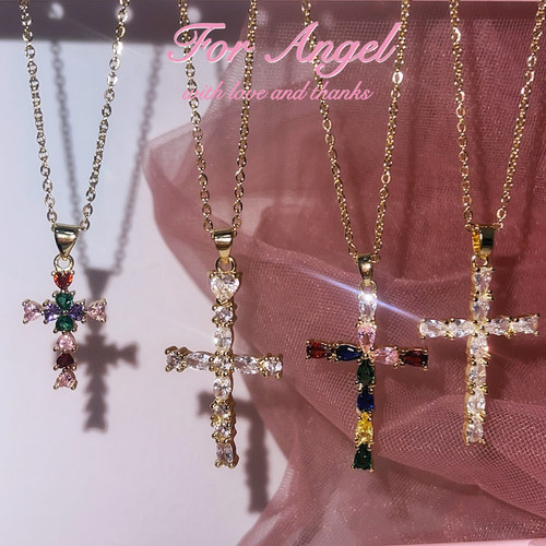 angel十字架项链彩色锆石