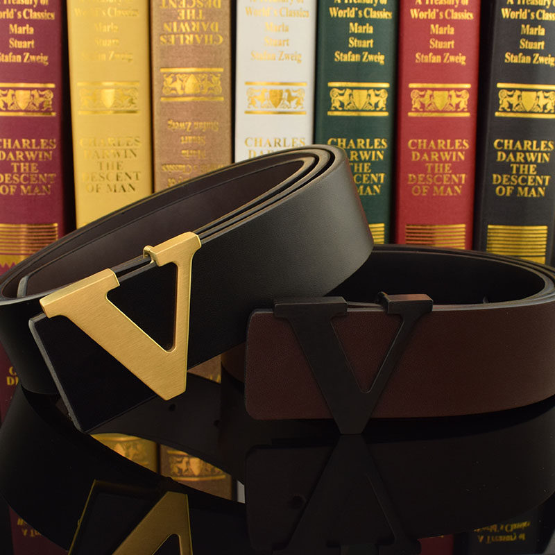 Hammsz新款休闲皮带男士V字母铜扣腰带时尚青年品牌商务真皮裤带